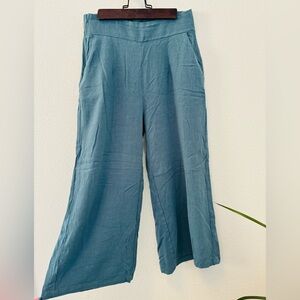 Blue Wide-Leg Cropped Linen Blend Pants